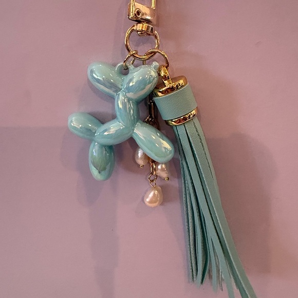 Aqua Balloon Dog Tassel Keychain with Faux Pearls & Gold Hardware –One of A Kind - Picture 7 of 9